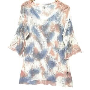 POL Women’s Boho Open Knit Pink and Blue Tunic Sweater medium